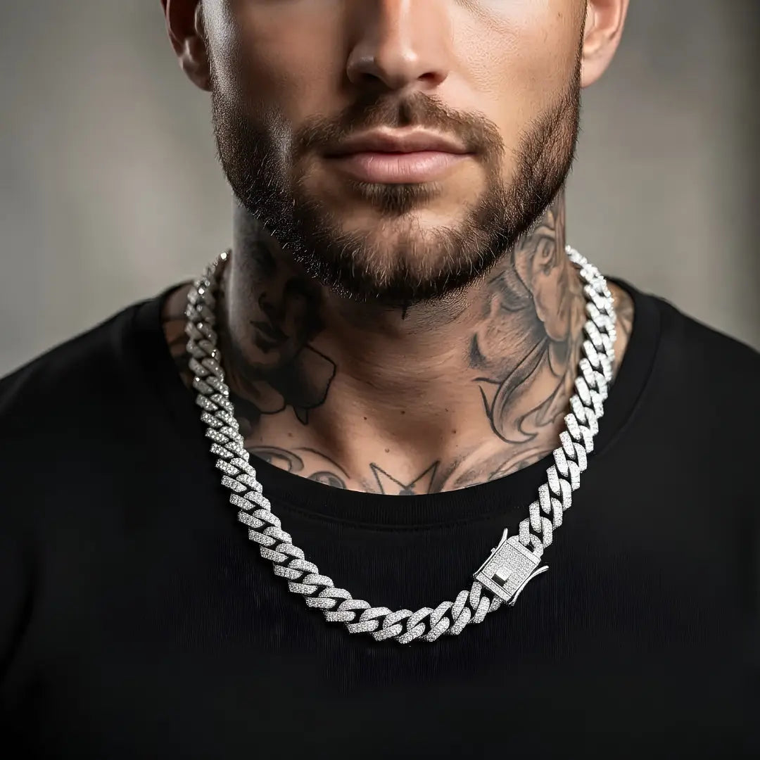 14mm Iced-Out Miami Cuban Link Chain for Men – 48cm Silver Pave Diamond Hip Hop Necklace with Secure Box Clasp